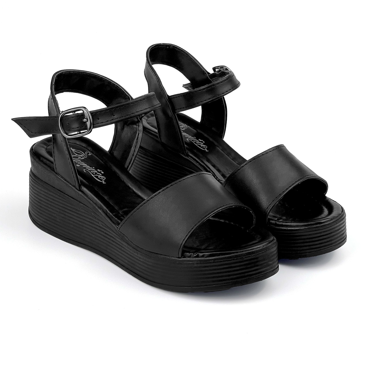 Kajila Kadın Siyah Tokalı Dolgu Topuklu Sandalet 6 Cm Rahat Yüksek Topuk