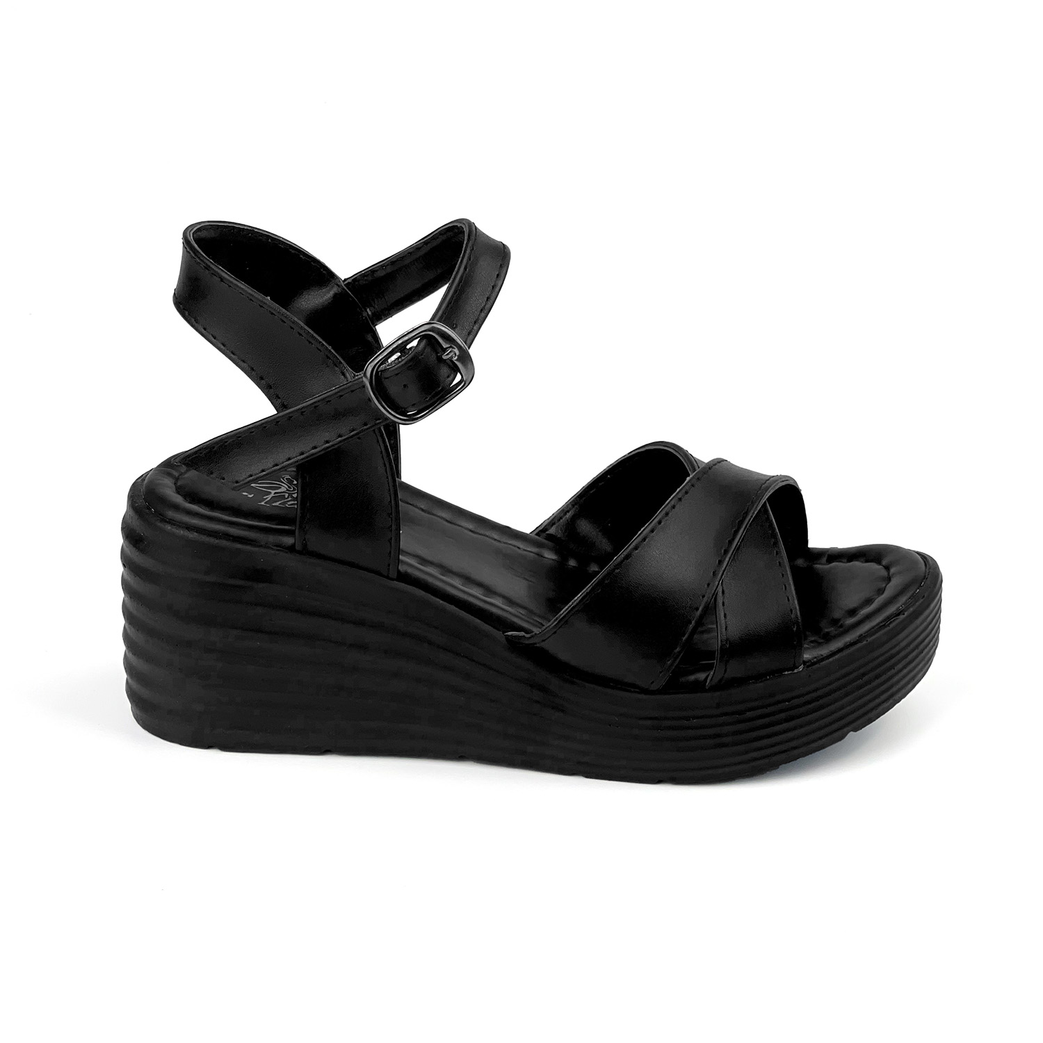 Kajila Kadın Siyah Tokalı Dolgu Topuklu Sandalet 6 Cm Rahat Yüksek Topuk