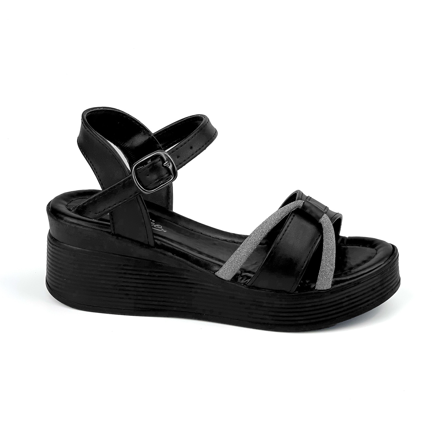 Kadın Siyah Tokalı Taşlı Dolgu Topuklu Sandalet 6 Cm Rahat Yüksek