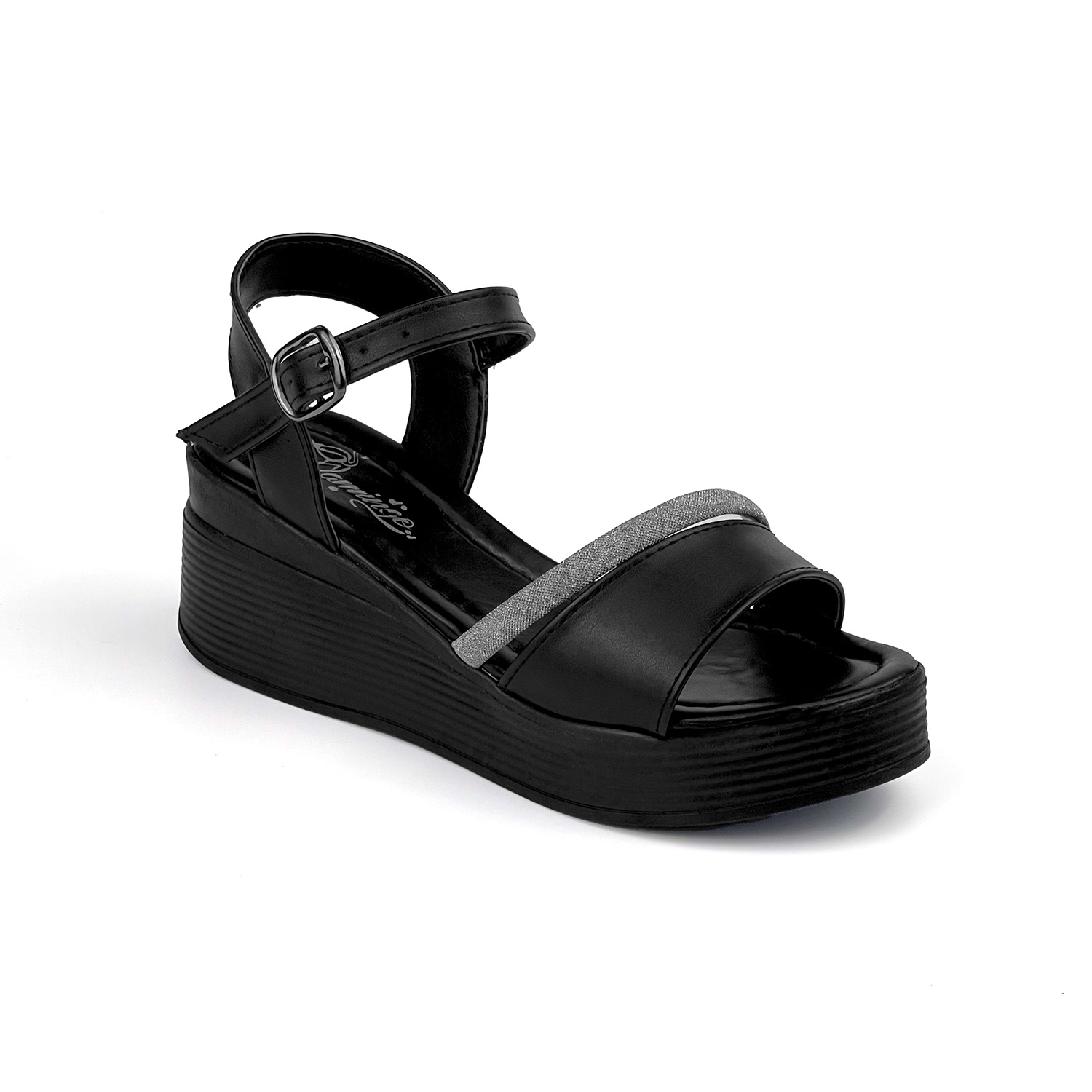 Kadın Siyah Tokalı Taşlı Dolgu Topuklu Sandalet 6 Cm Rahat Yüksek