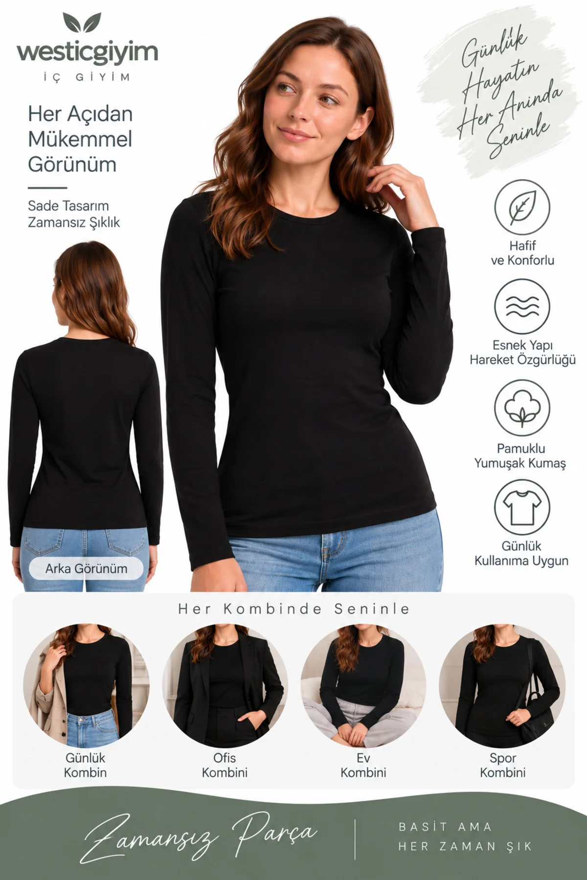 Kadın Siyah Uzun Kollu Basic T-Shirt Kapalı Bisiklet Yaka Full Likralı Esnek Pamuklu