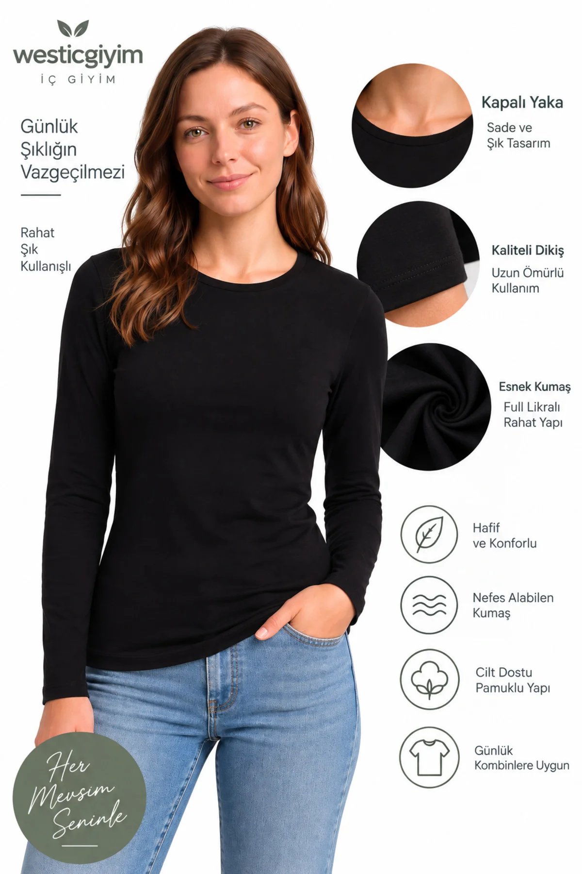Kadın Siyah Uzun Kollu Basic T-Shirt Kapalı Bisiklet Yaka Full Likralı Esnek Pamuklu