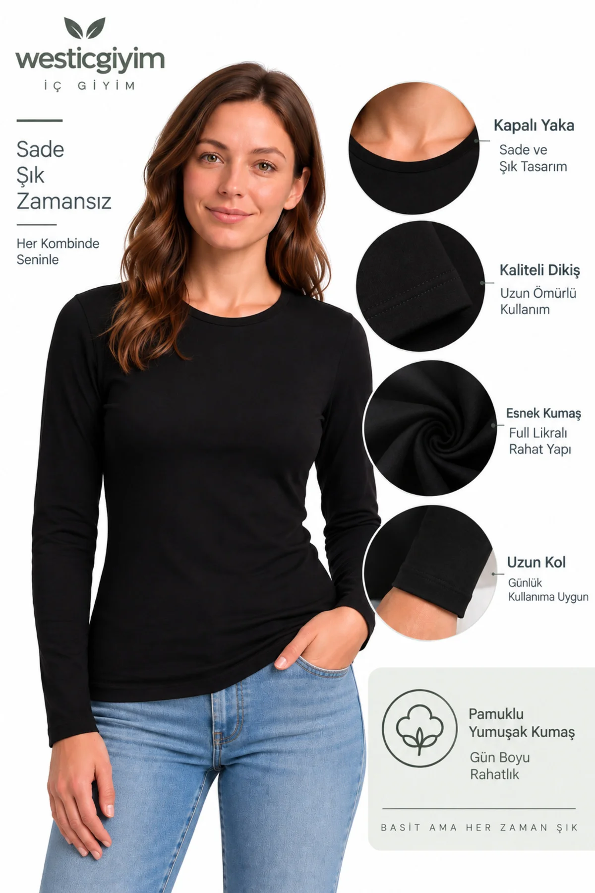 Kadın Siyah Uzun Kollu Basic T-Shirt Kapalı Bisiklet Yaka Full Likralı Esnek Pamuklu