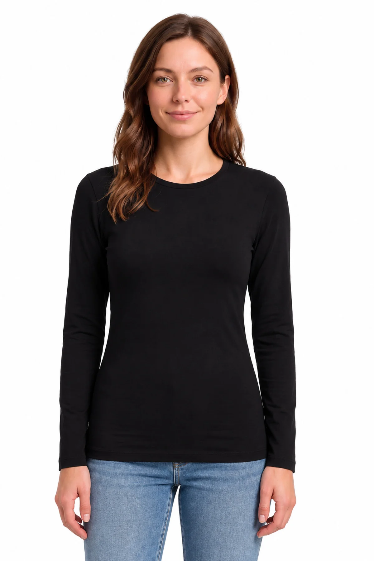 Kadın Siyah Uzun Kollu Basic T-Shirt Kapalı Bisiklet Yaka Full Likralı Esnek Pamuklu