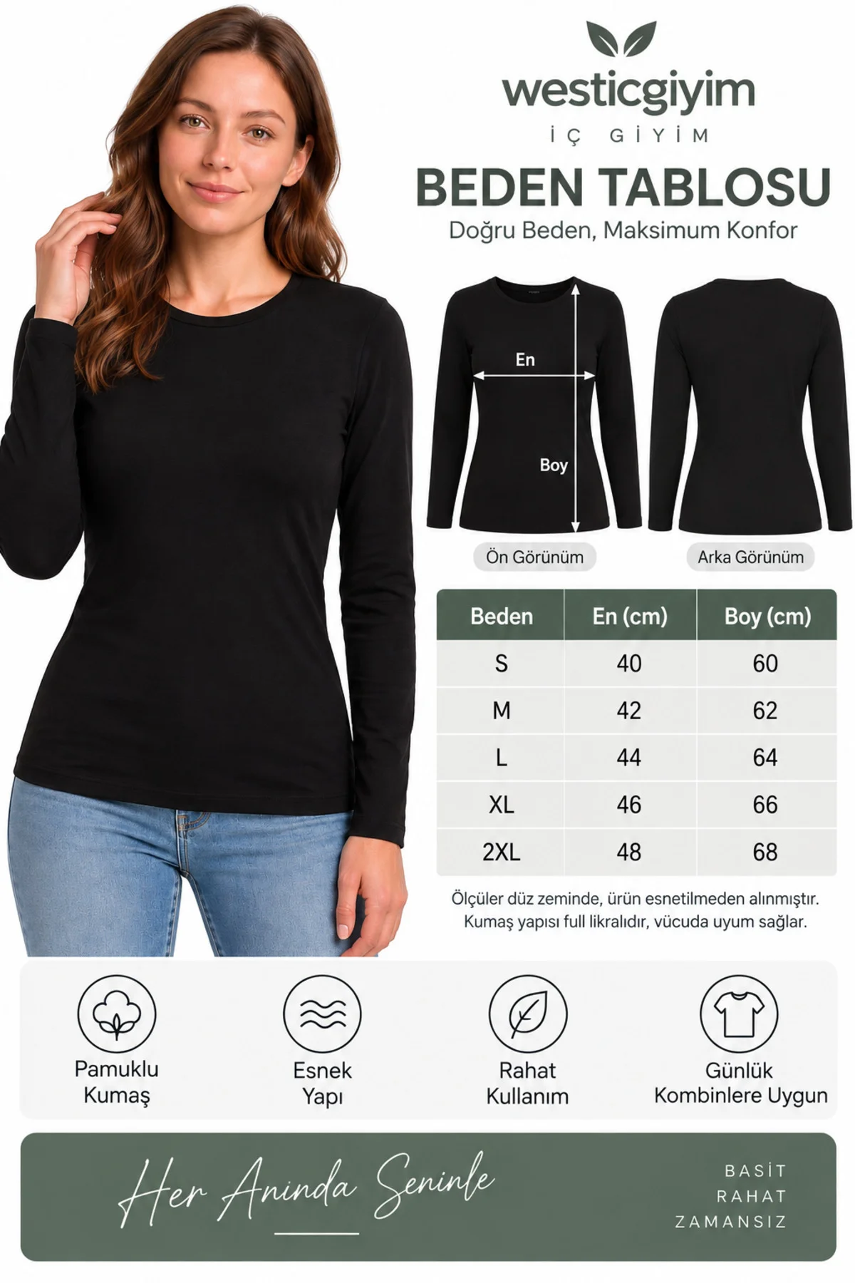 Kadın Siyah Uzun Kollu Basic T-Shirt Kapalı Bisiklet Yaka Full Likralı Esnek Pamuklu