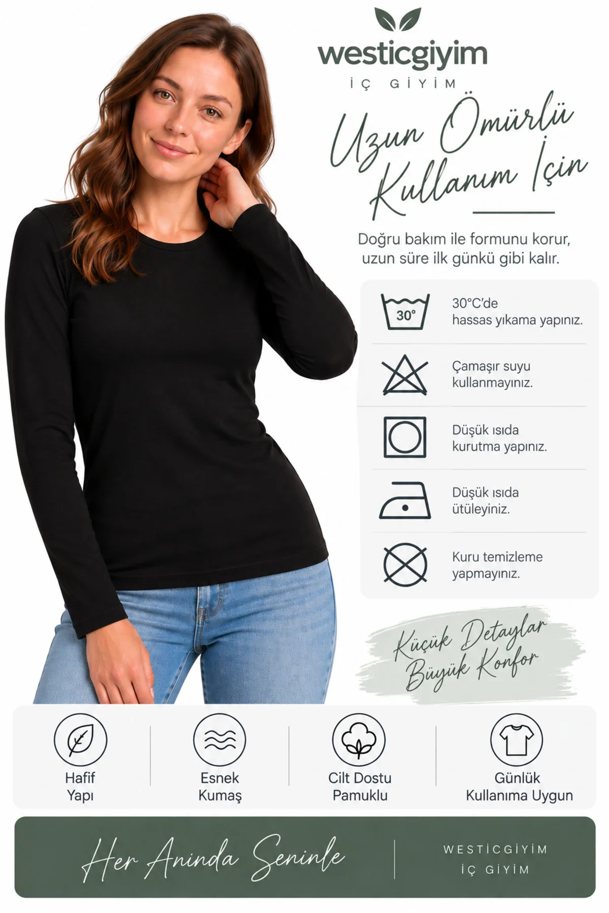 Kadın Siyah Uzun Kollu Basic T-Shirt Kapalı Bisiklet Yaka Full Likralı Esnek Pamuklu