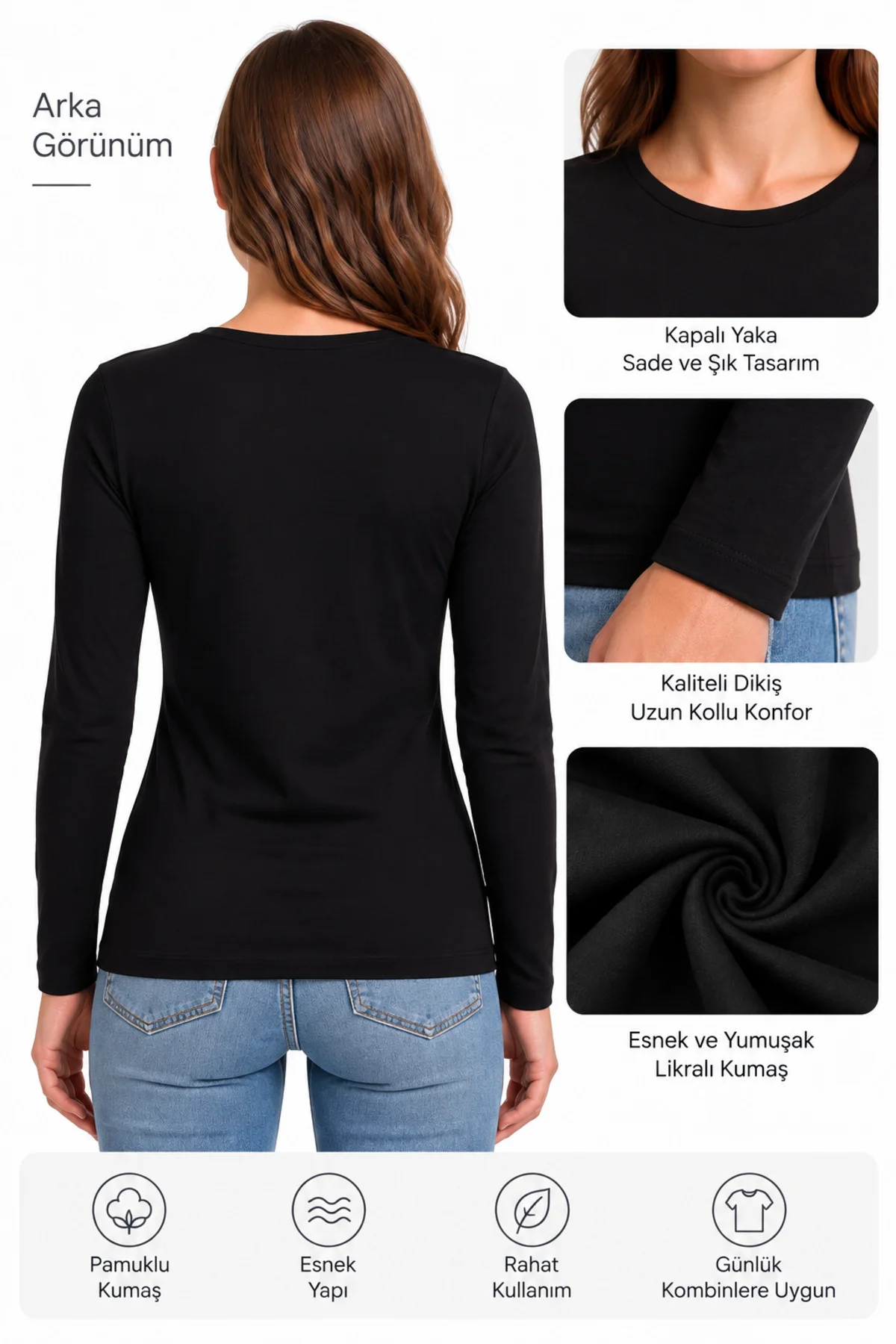 Kadın Siyah Uzun Kollu Basic T-Shirt Kapalı Bisiklet Yaka Full Likralı Esnek Pamuklu