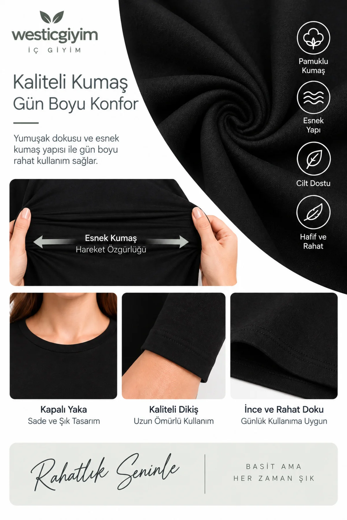 Kadın Siyah Uzun Kollu Basic T-Shirt Kapalı Bisiklet Yaka Full Likralı Esnek Pamuklu