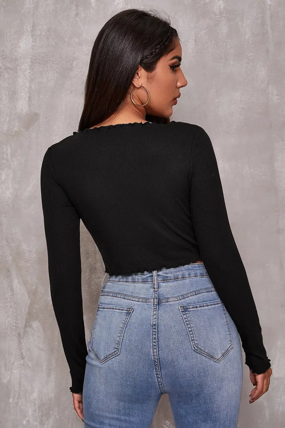 Kadın Siyah Uzun Kollu Büzdürme Bağcık Detaylı Crop Top Bluz