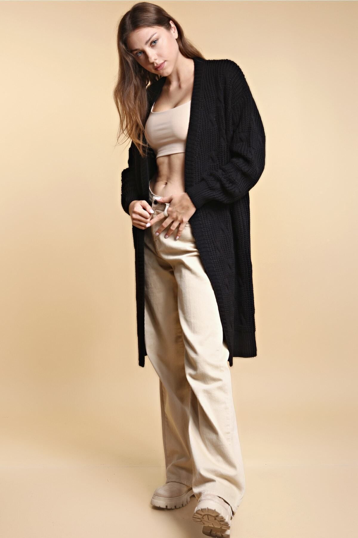 Dreamlike Kadın Siyah Uzun Triko Hırka