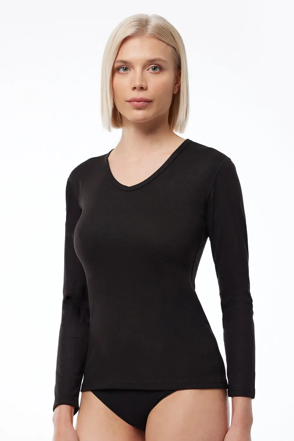 Kadın Siyah V Yaka Uzun Kollu Viloft Termal Üst Içlik 704