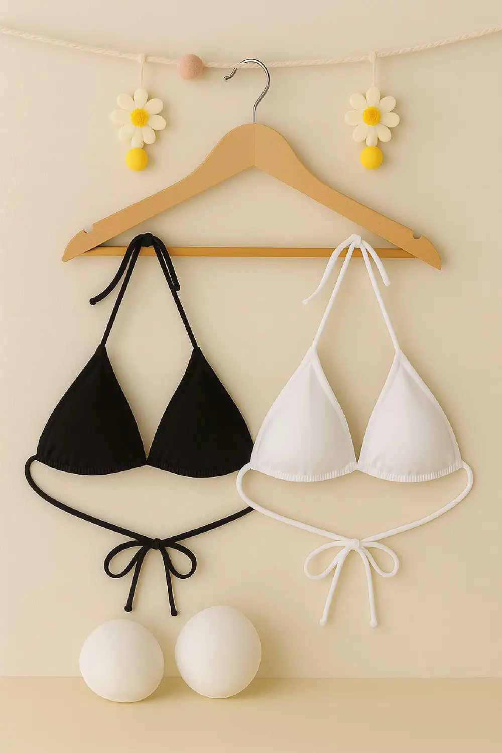 Kadın Siyah ve Beyaz Minimal Kesim Üçgen Bikini Üstü