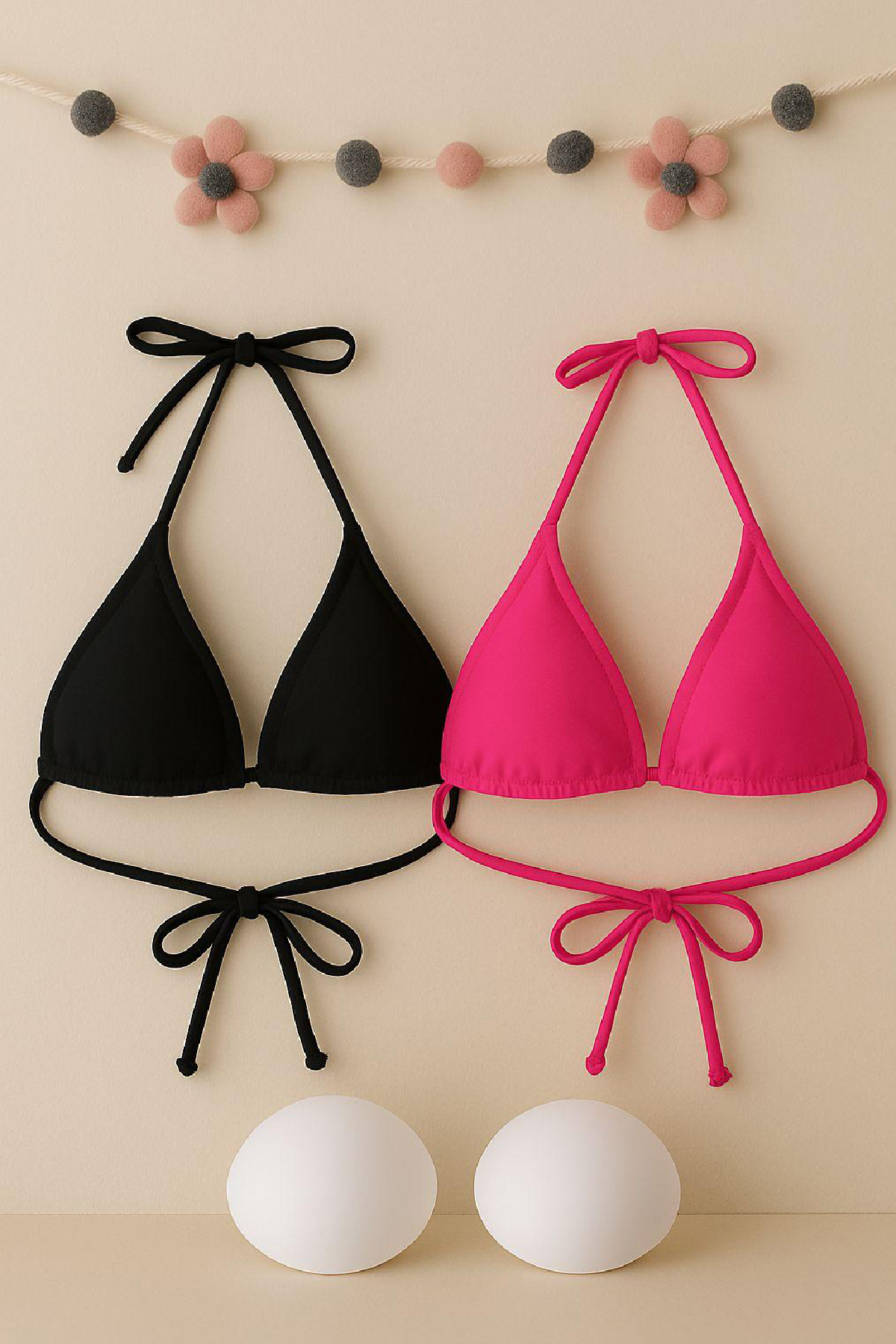 Kadın Siyah ve Fuşya Minimal Kesim Üçgen Bikini Üstü – Modern ve 