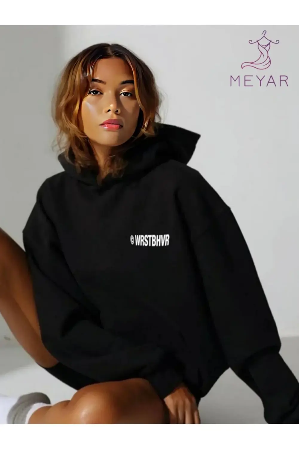 Kadın siyah wrstbhwr baskılı kapşonlu sweatshirt