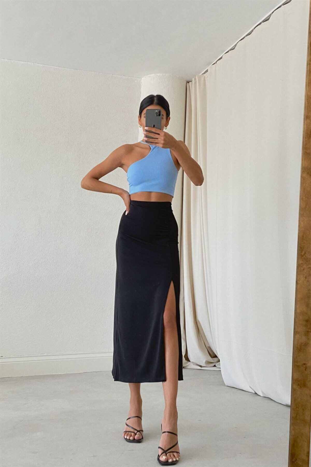 Yves Bertelin Kadın Siyah Yırtmaçlı Straight Etek