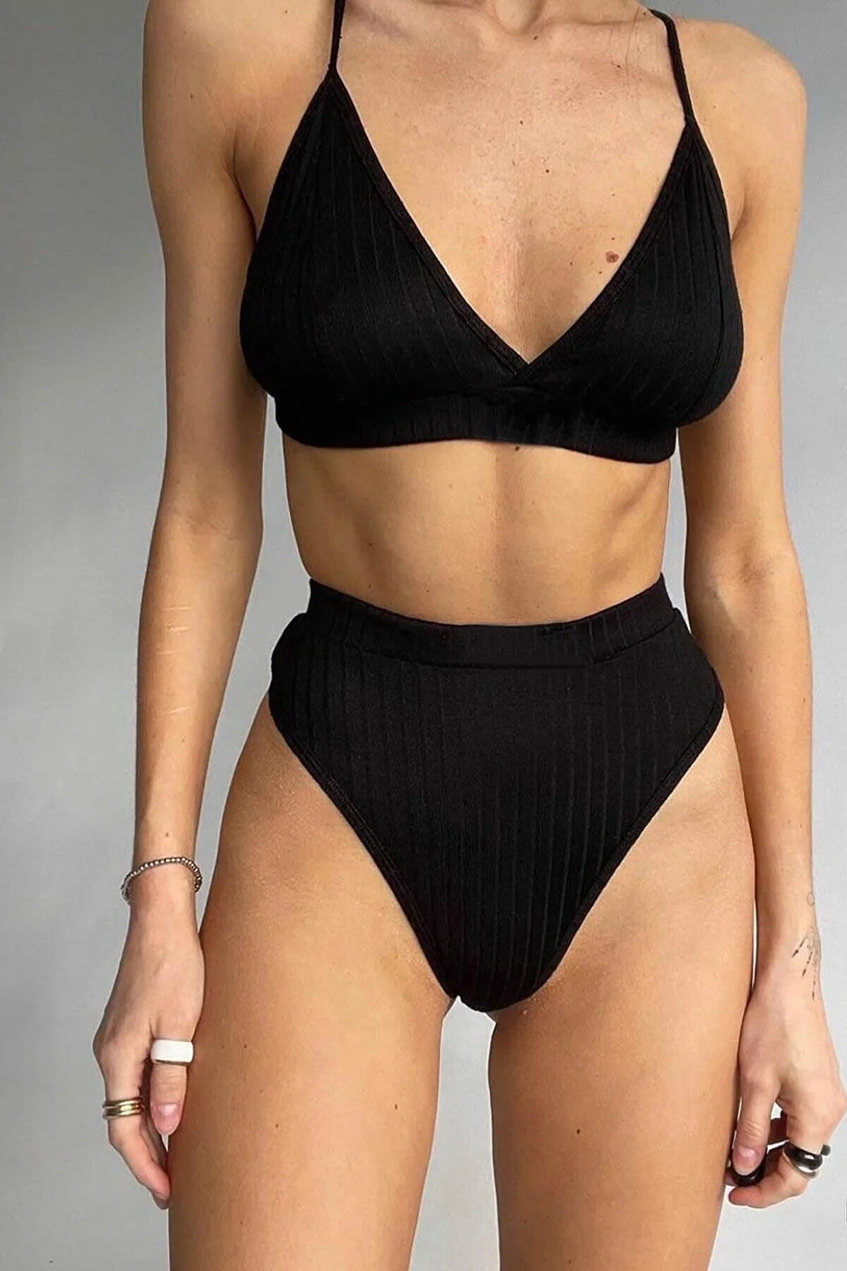 Kadın Siyah Yüksek Bel Dolgusuz Slip Takım