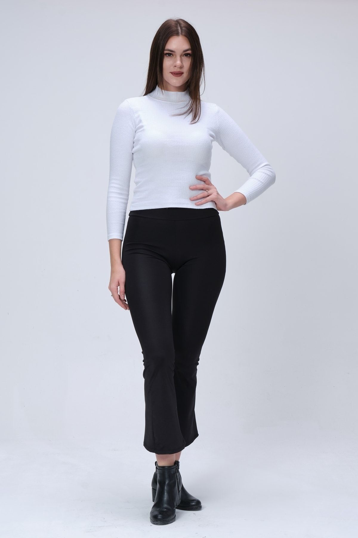 Kadın Siyah Yüksek Bel Ispanyol Paça Tayt