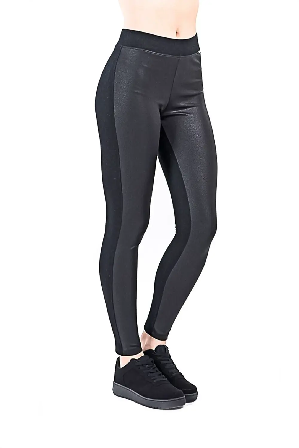 Kadın Siyah Yüksek Bel Önü Deri Görünümlü Uzun Tayt