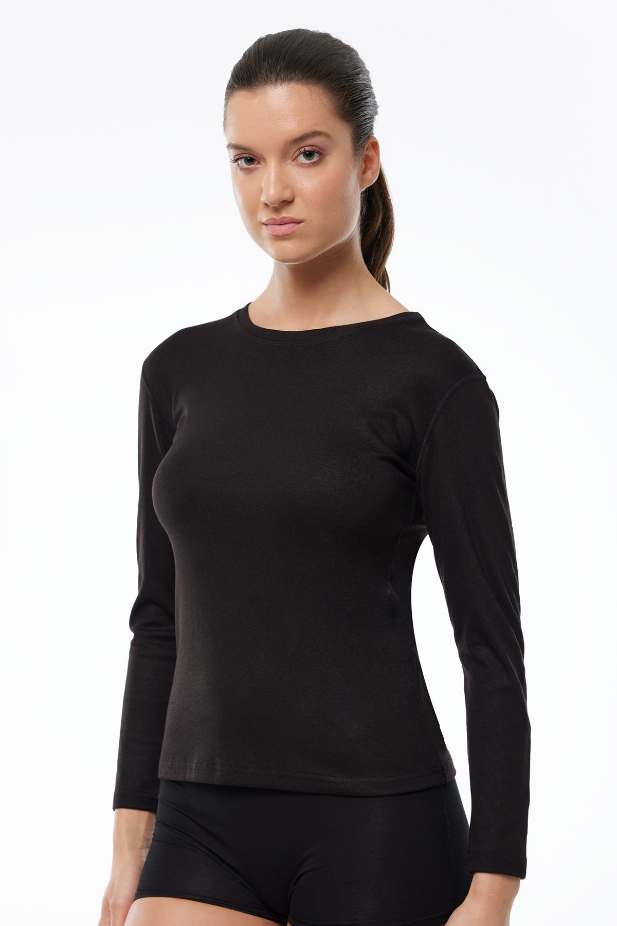 Malabadi Kadın Siyah Yuvarlak Yaka Uzun Kollu Viloft Termal Üst İçlik 706