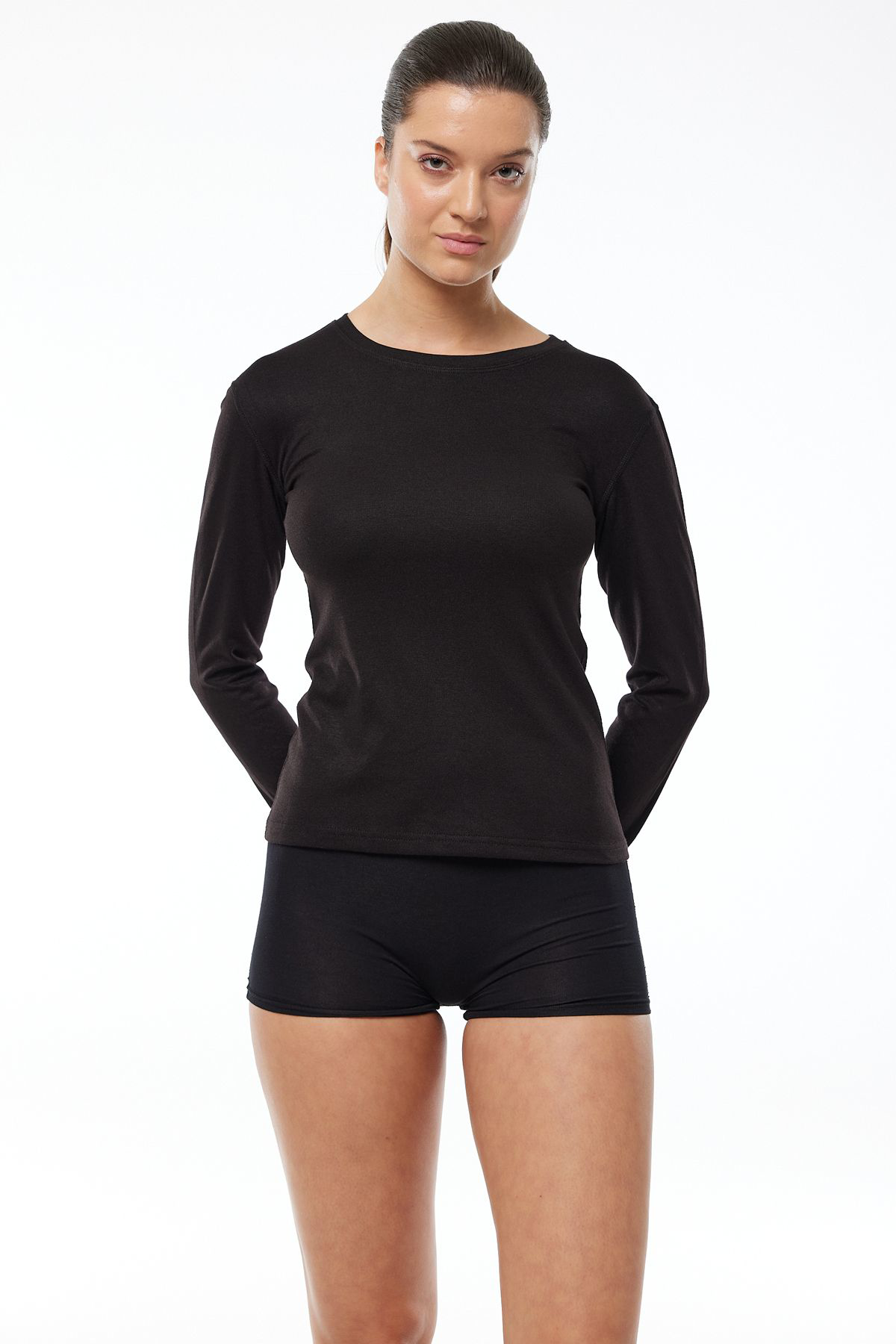 Malabadi Kadın Siyah Yuvarlak Yaka Uzun Kollu Viloft Termal Üst İçlik 706