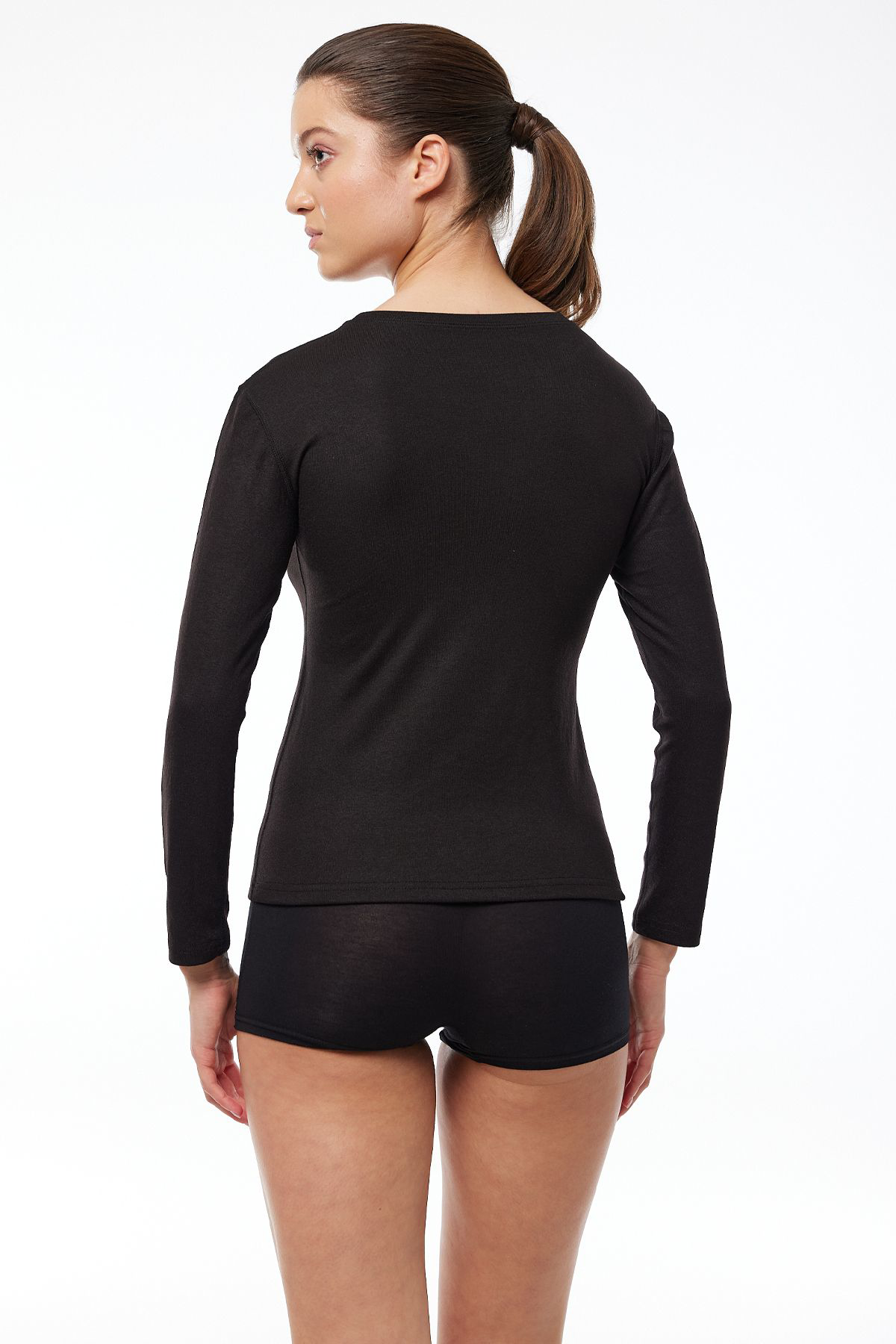 Malabadi Kadın Siyah Yuvarlak Yaka Uzun Kollu Viloft Termal Üst İçlik 706