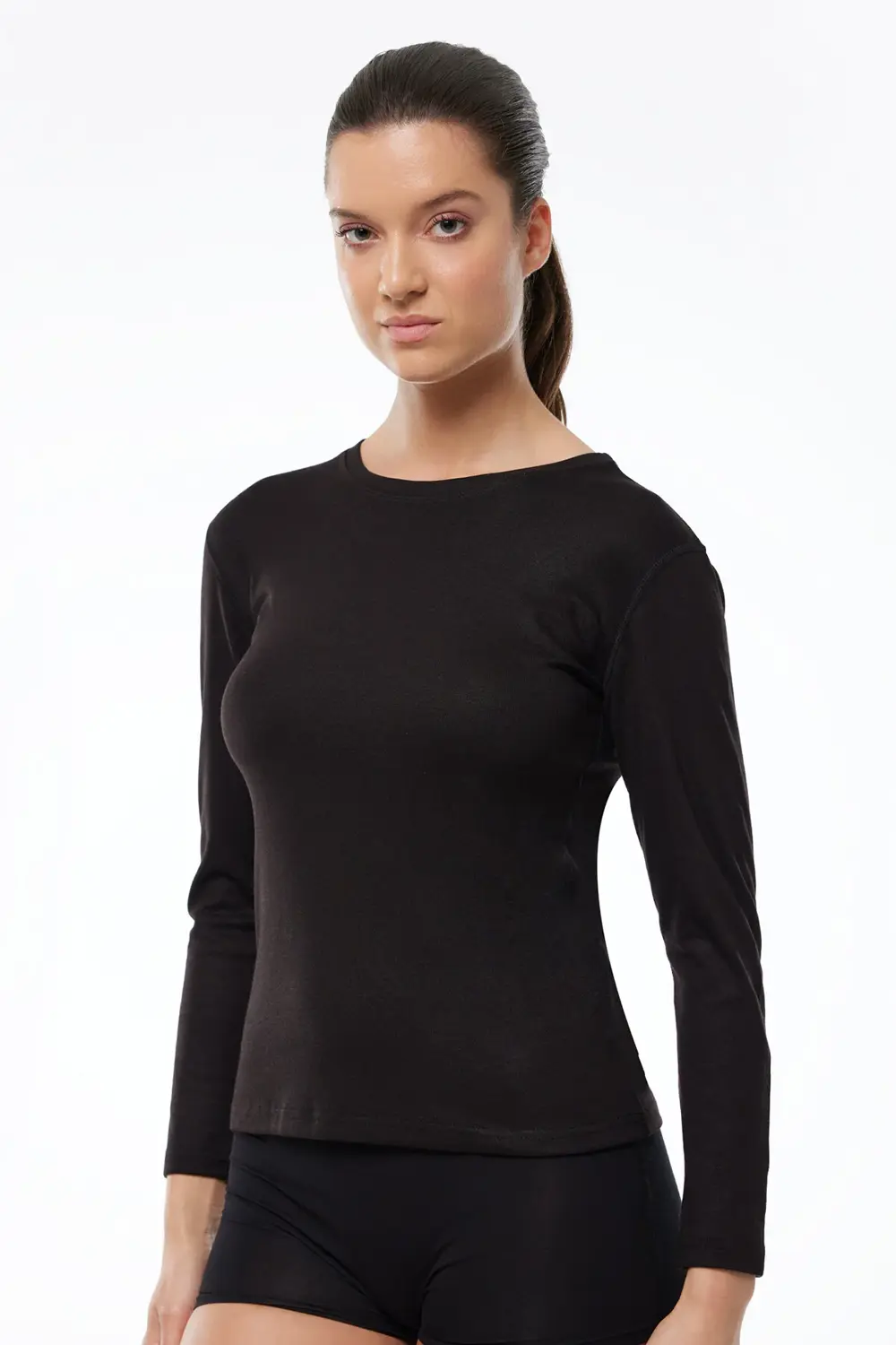 Kadın Siyah Yuvarlak Yaka Uzun Kollu Viloft Termal Üst Içlik 706