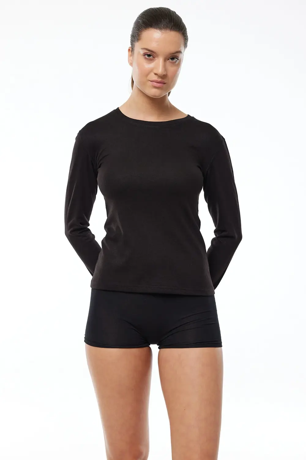 Kadın Siyah Yuvarlak Yaka Uzun Kollu Viloft Termal Üst Içlik 706