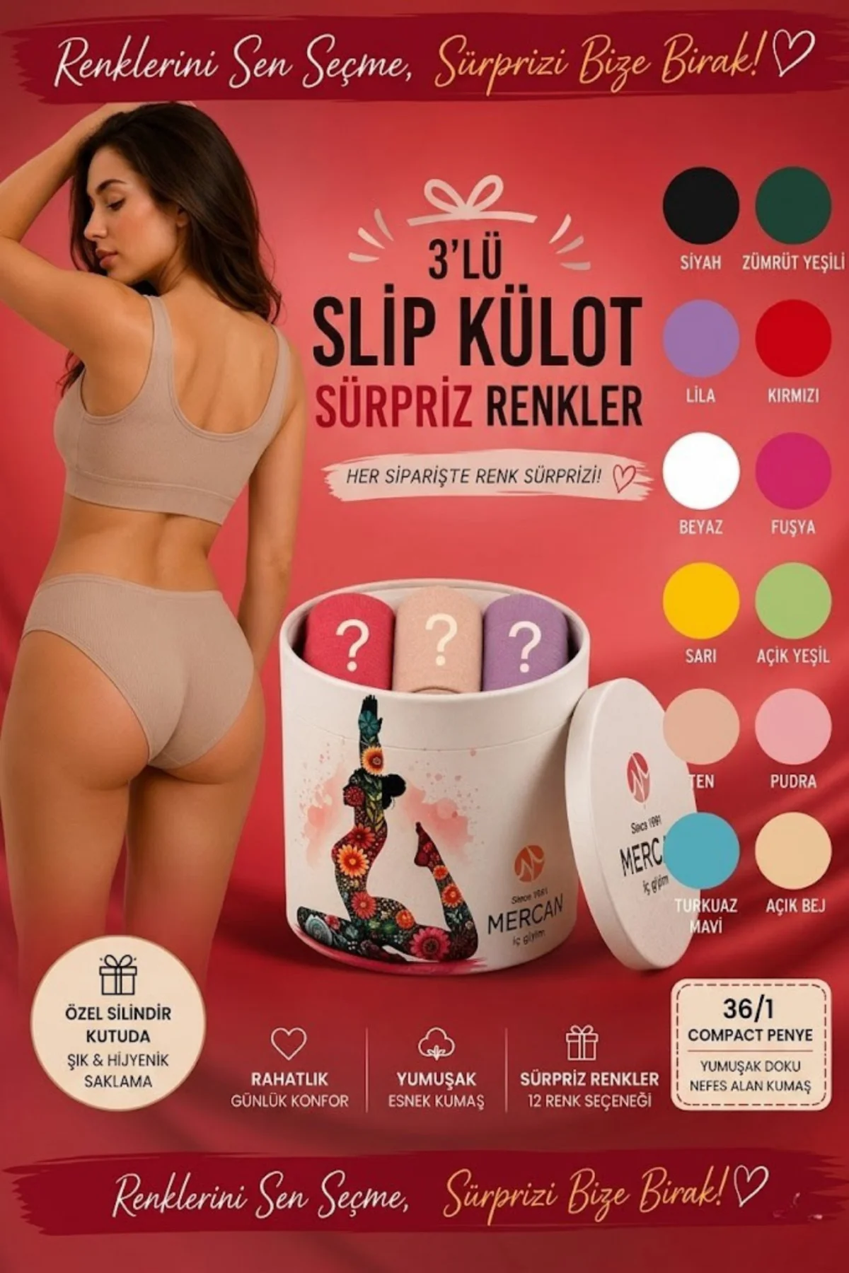 Kadın Slip Külot 3'lü Özel Silindir Paket