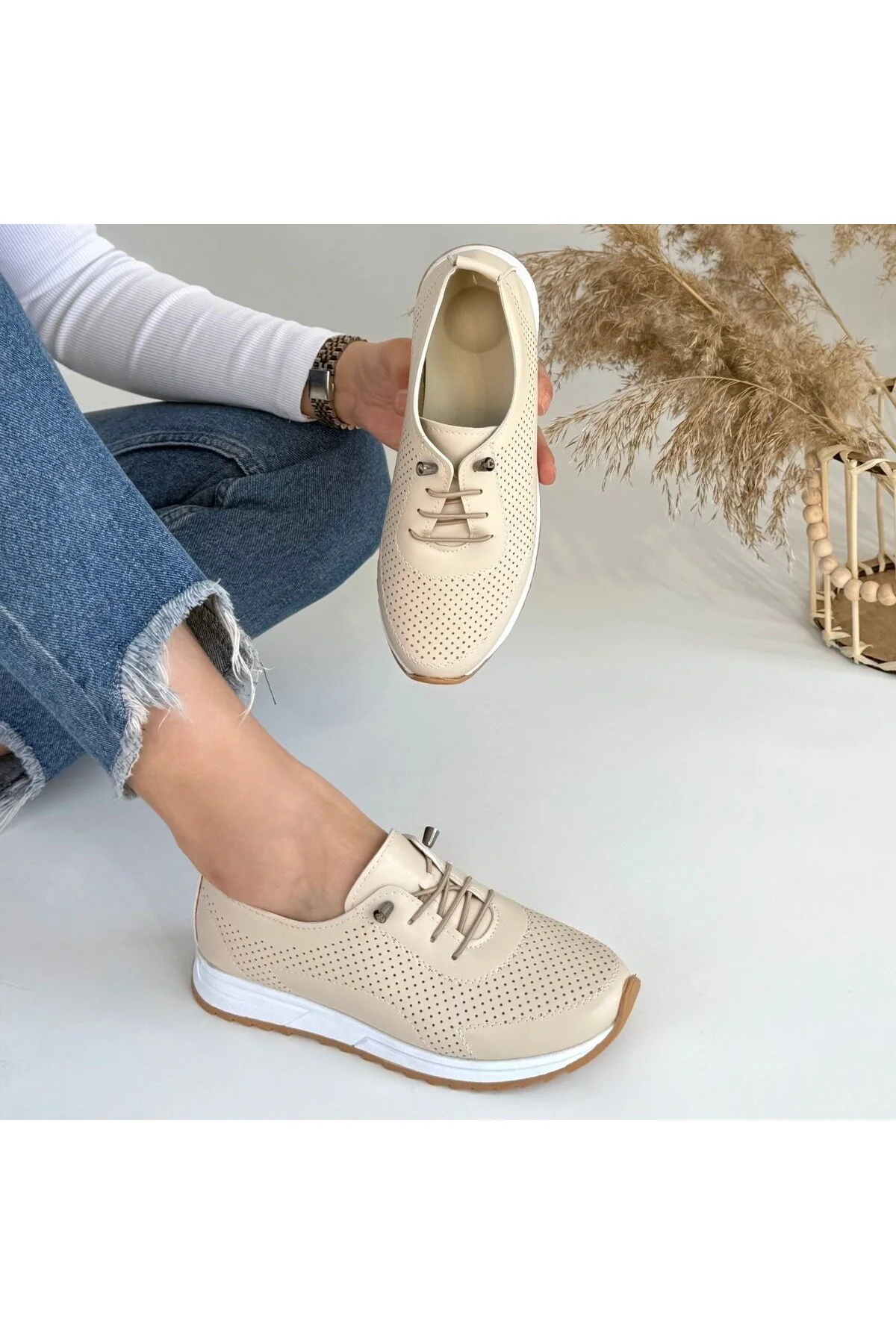 Kadın Sneaker Spor Ayakkabı Bej Cilt Rahat Günlük Tone