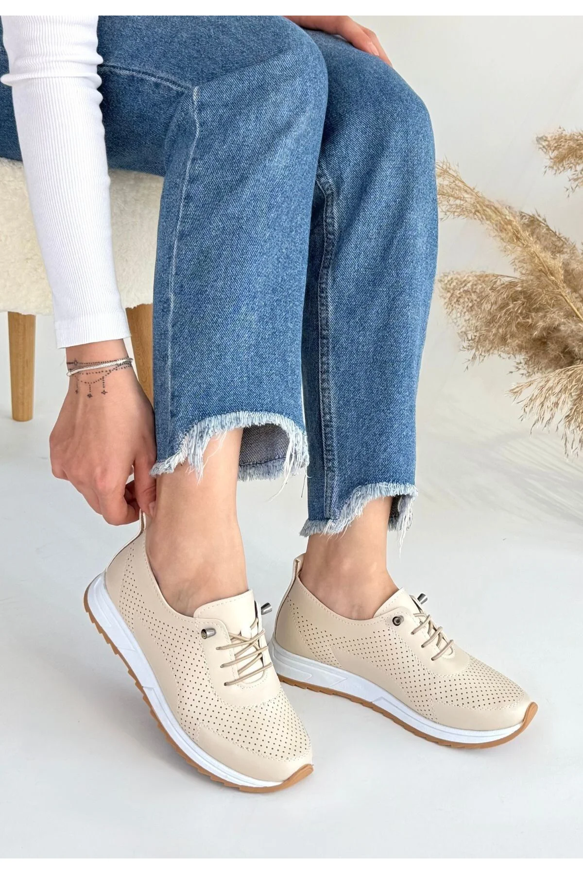 Kadın Sneaker Spor Ayakkabı Bej Cilt Rahat Günlük Tone