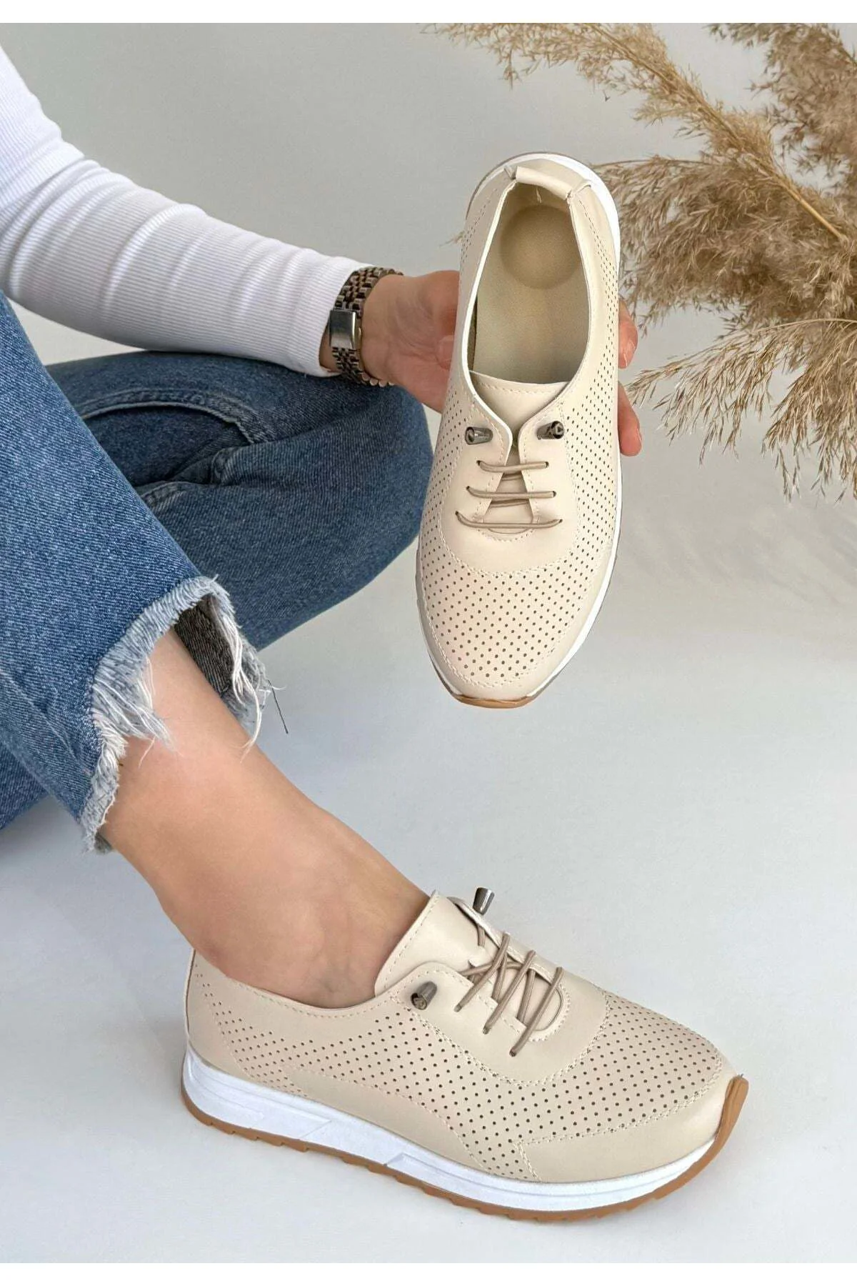 Kadın Sneaker Spor Ayakkabı Bej Cilt Rahat Günlük Tone