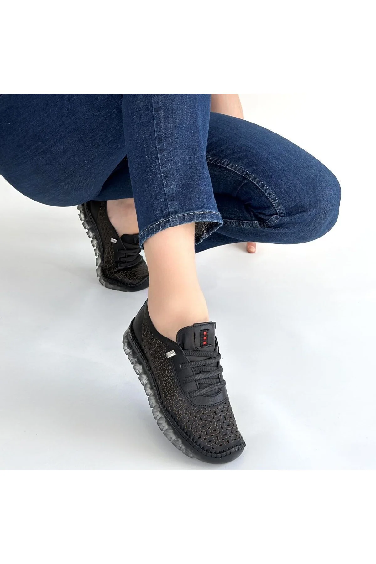 Kadın Sneaker Spor Ayakkabı Siyah Deri Rahat Günlük Otja Kadın Sneaker Spor Ayakkabı Siyah Deri Rahat Günlük Otja