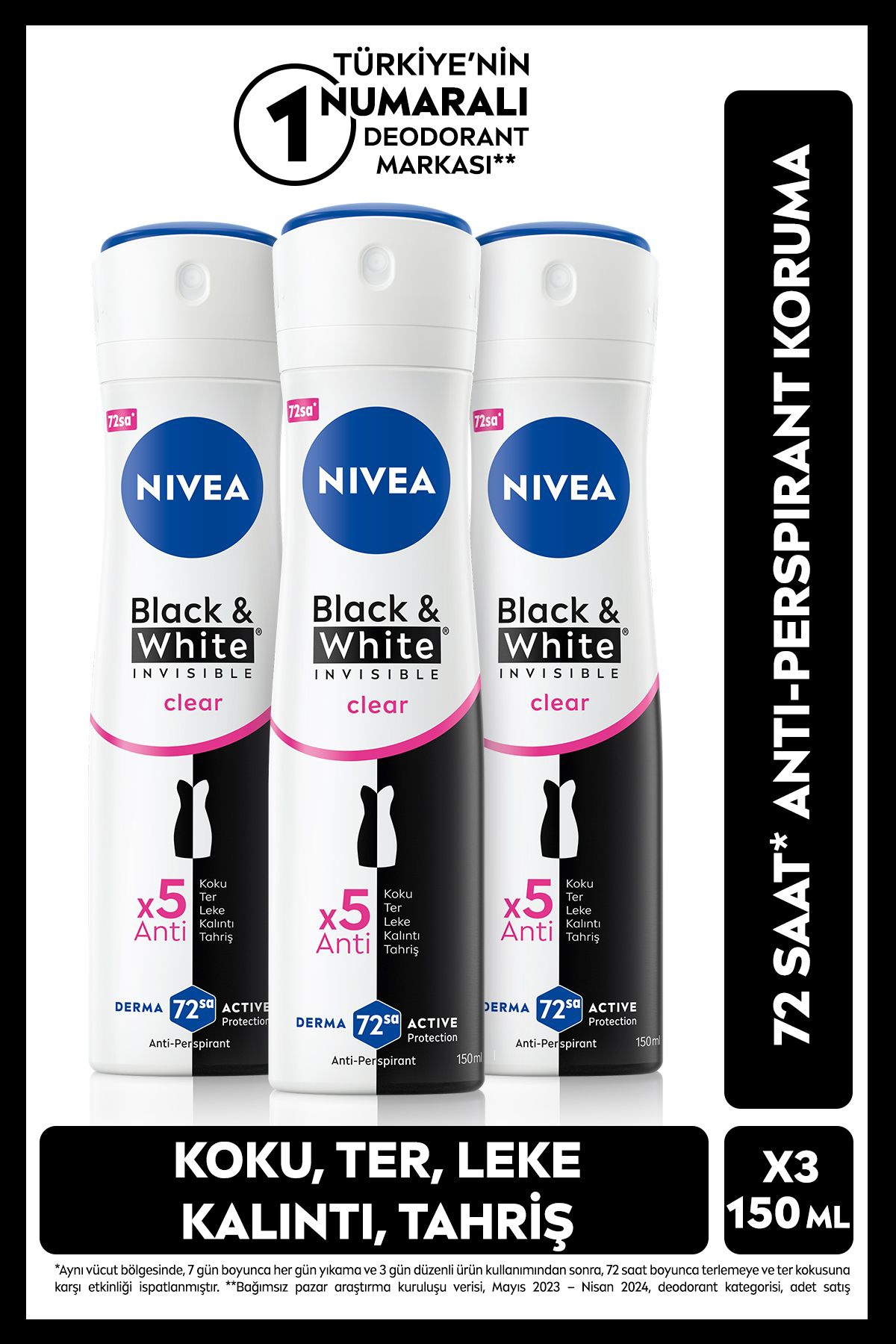 Nivea Kadın Sprey Deodorant Black&White İnvisible Clear 150Ml, 72 Saat 