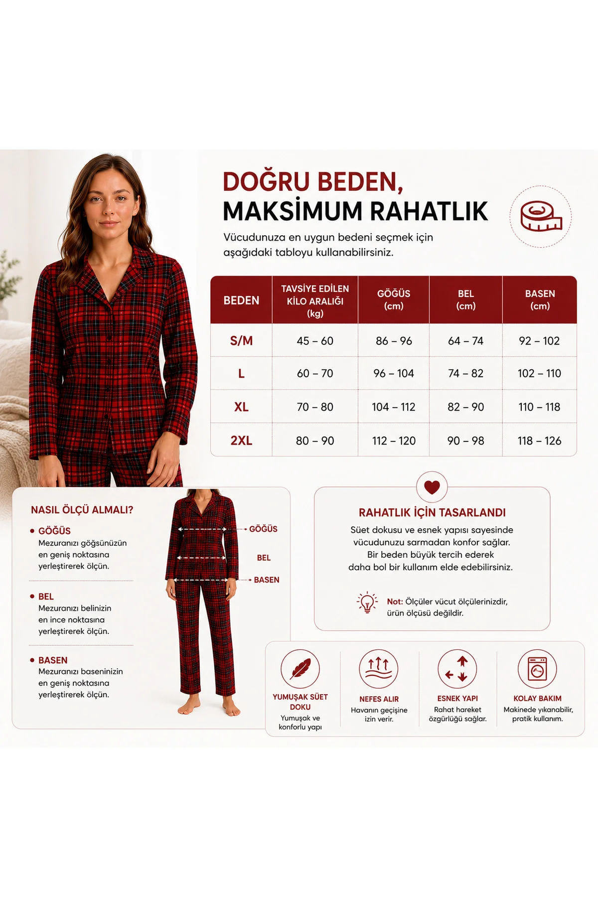 Kadın Süet Pijama Takımı Kırmızı Ekose Desenli Uzun Kollu Düğmeli Yumuşak Dokulu Kışlık S/M-2XL Fiyatı, Yorumları ve Özellikleri