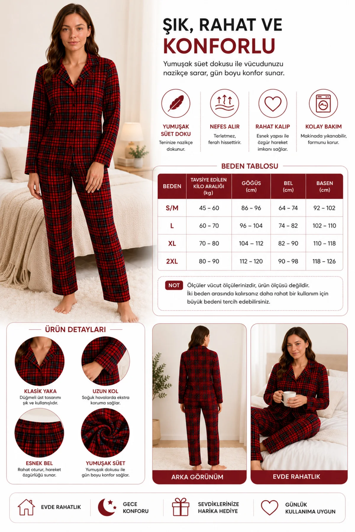 Kadın Süet Pijama Takımı Kırmızı Ekose Desenli Uzun Kollu Düğmeli Yumuşak Dokulu Kışlık S/M-2XL Fiyatı, Yorumları ve Özellikleri