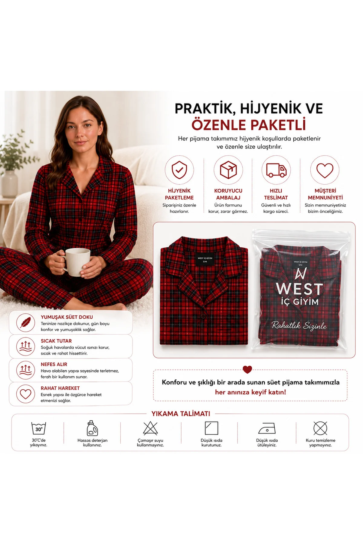 Kadın Süet Pijama Takımı Kırmızı Ekose Desenli Uzun Kollu Düğmeli Yumuşak Dokulu Kışlık S/M-2XL - Görsel 8