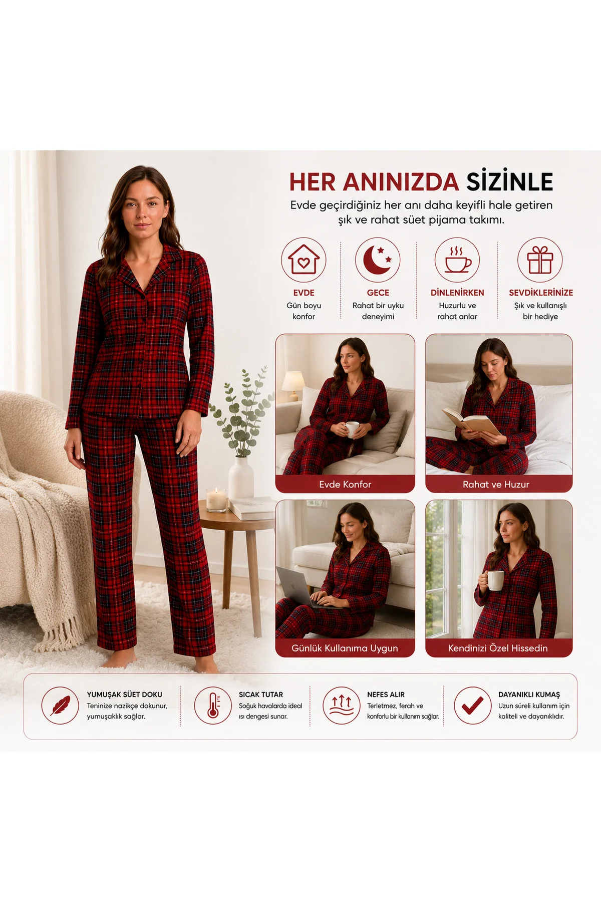 Kadın Süet Pijama Takımı Kırmızı Ekose Desenli Uzun Kollu Düğmeli Yumuşak Dokulu Kışlık S/M-2XL Fiyatı, Yorumları ve Özellikleri