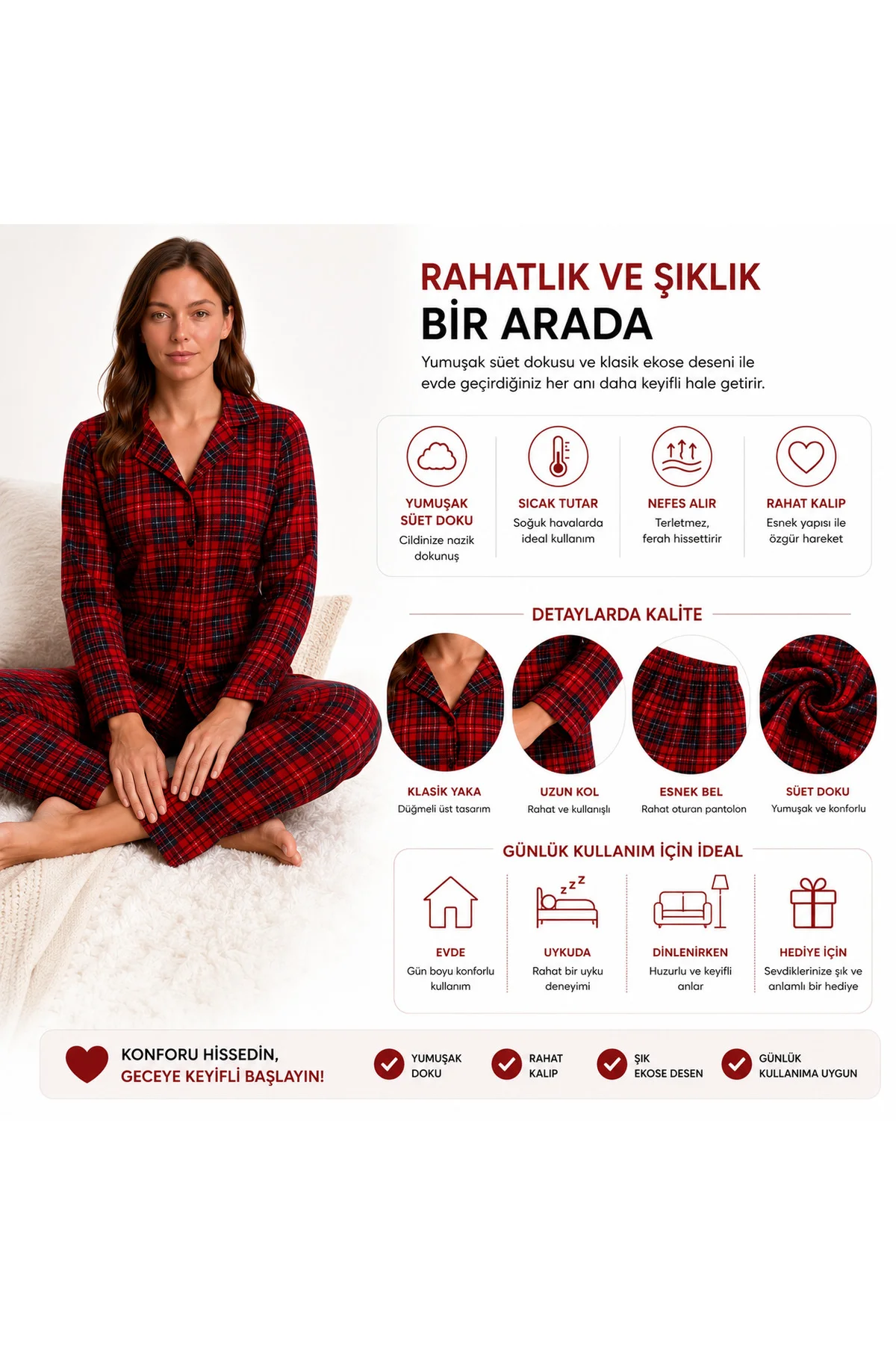 Kadın Süet Pijama Takımı Kırmızı Ekose Desenli Uzun Kollu Düğmeli Yumuşak Dokulu Kışlık S/M-2XL Fiyatı, Yorumları ve Özellikleri