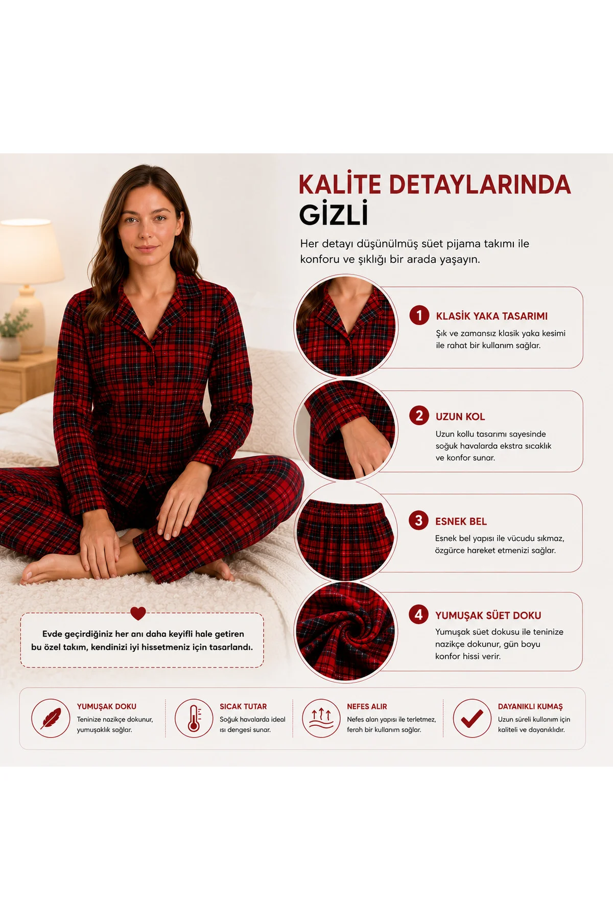 Kadın Süet Pijama Takımı Kırmızı Ekose Desenli Uzun Kollu Düğmeli Yumuşak Dokulu Kışlık S/M-2XL Fiyatı, Yorumları ve Özellikleri