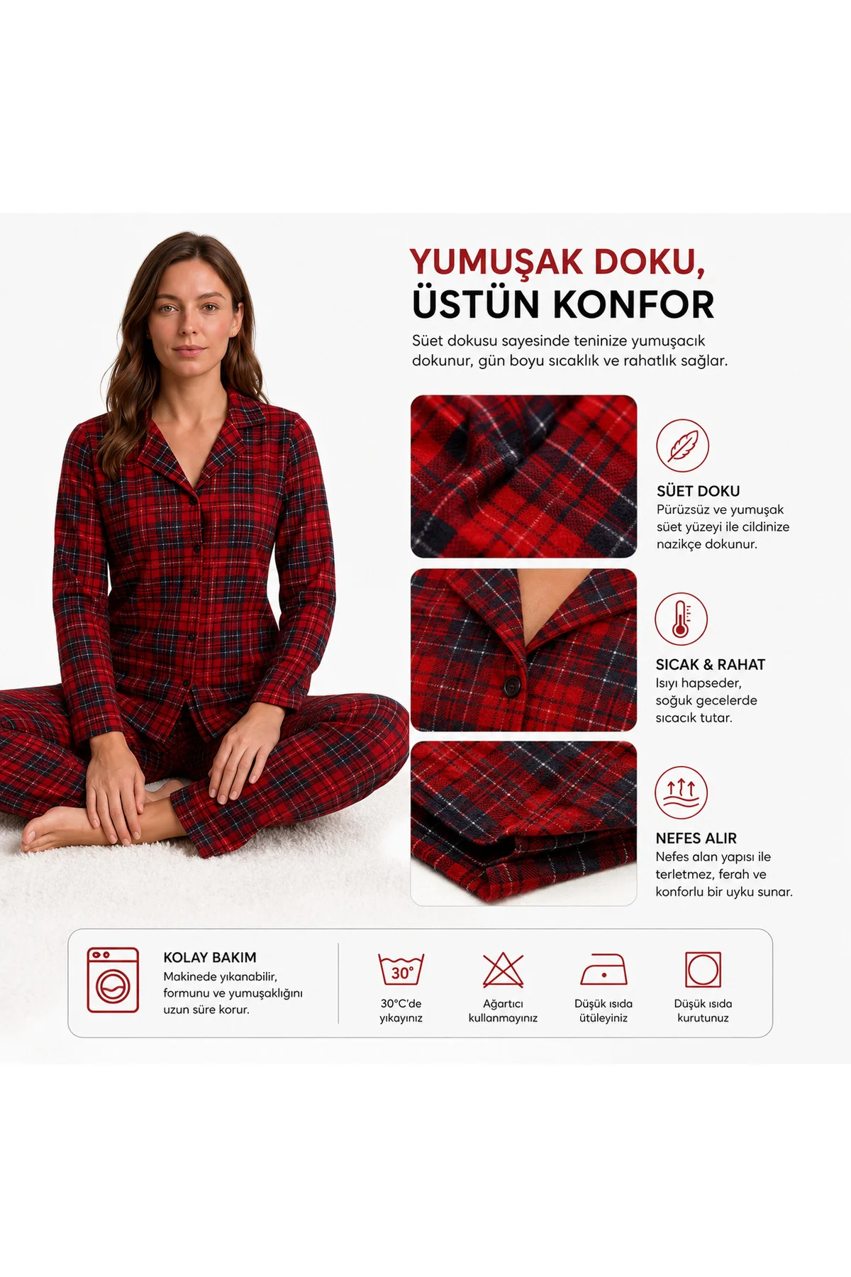 Kadın Süet Pijama Takımı Kırmızı Ekose Desenli Uzun Kollu Düğmeli Yumuşak Dokulu Kışlık S/M-2XL Fiyatı, Yorumları ve Özellikleri