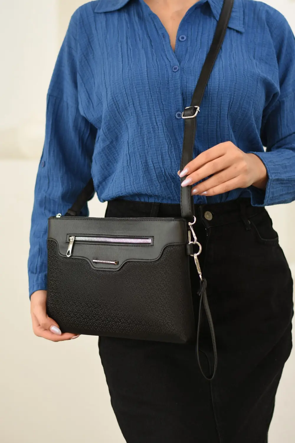 Kadın Suni Deri Ayarlanabilir Çapraz Askılı Ve El Askılı Siyah Mo