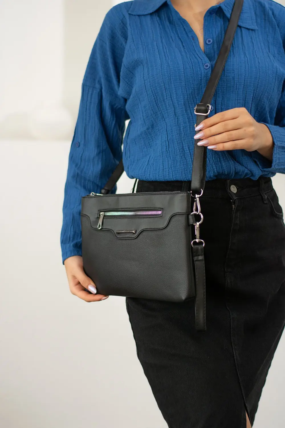 Kadın Suni Deri Ayarlanabilir Çapraz Askılı Ve El Askılı Siyah Ma