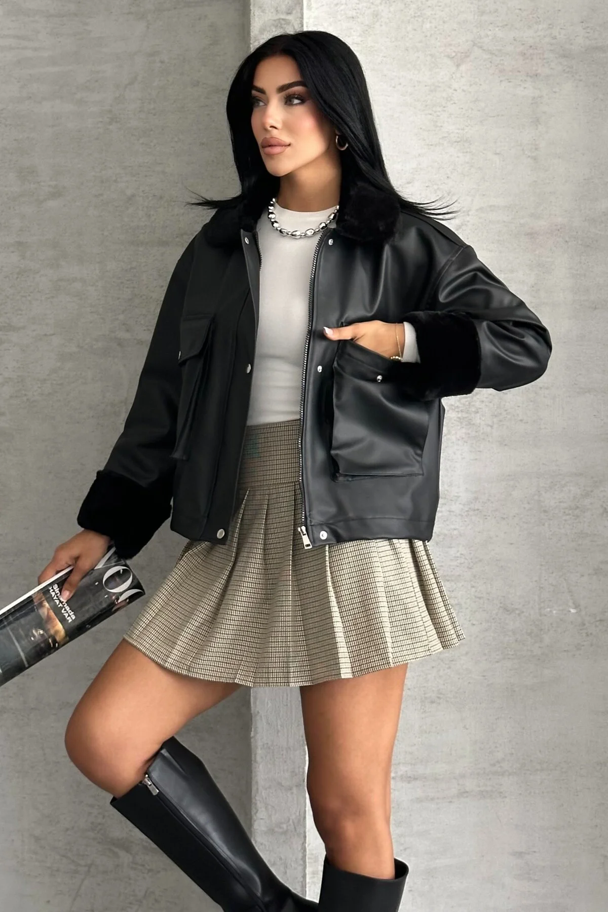 Kadın Suni Deri İçi Kürklü Oversize Bomber Ceket – Kışlık Peluş D