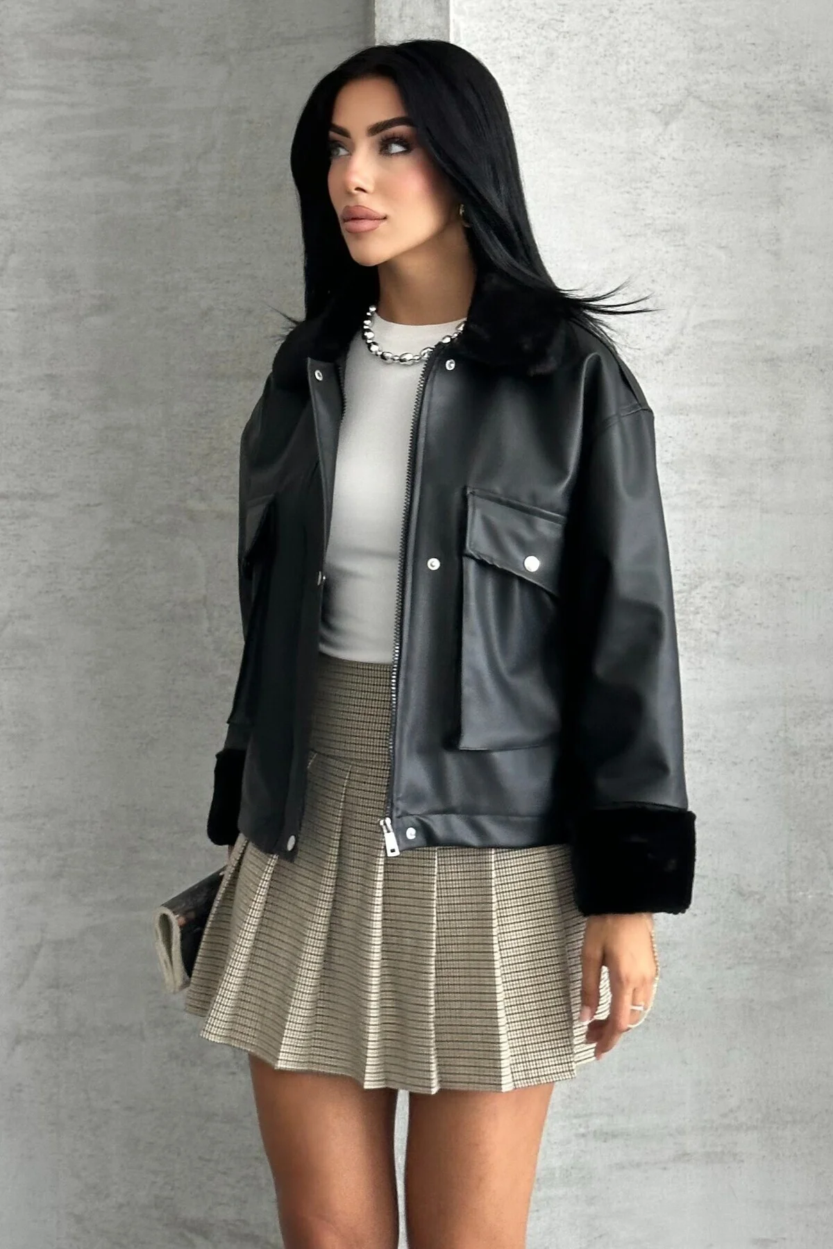 Kadın Suni Deri İçi Kürklü Oversize Bomber Ceket – Kışlık Peluş D