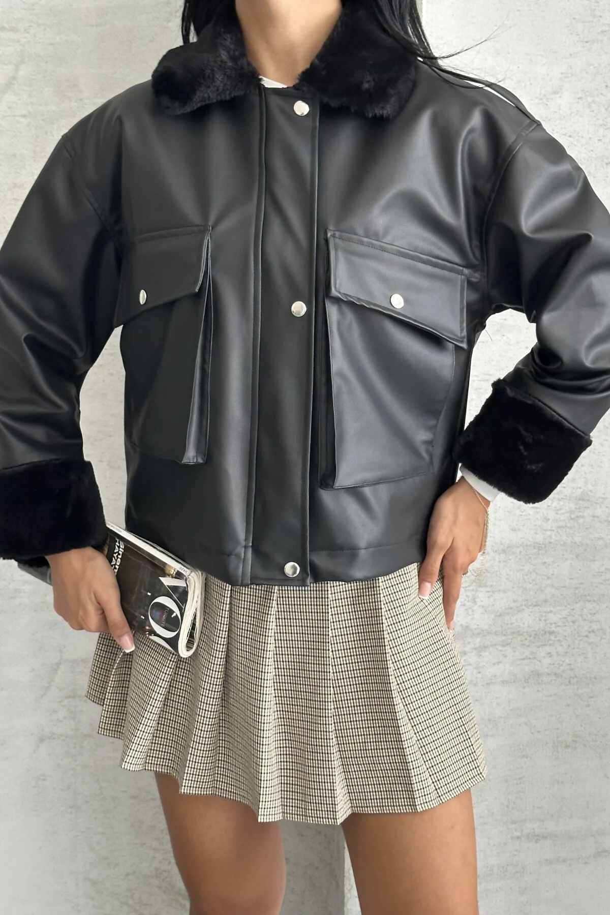 Kadın Suni Deri İçi Kürklü Oversize Bomber Ceket – Kışlık Peluş D