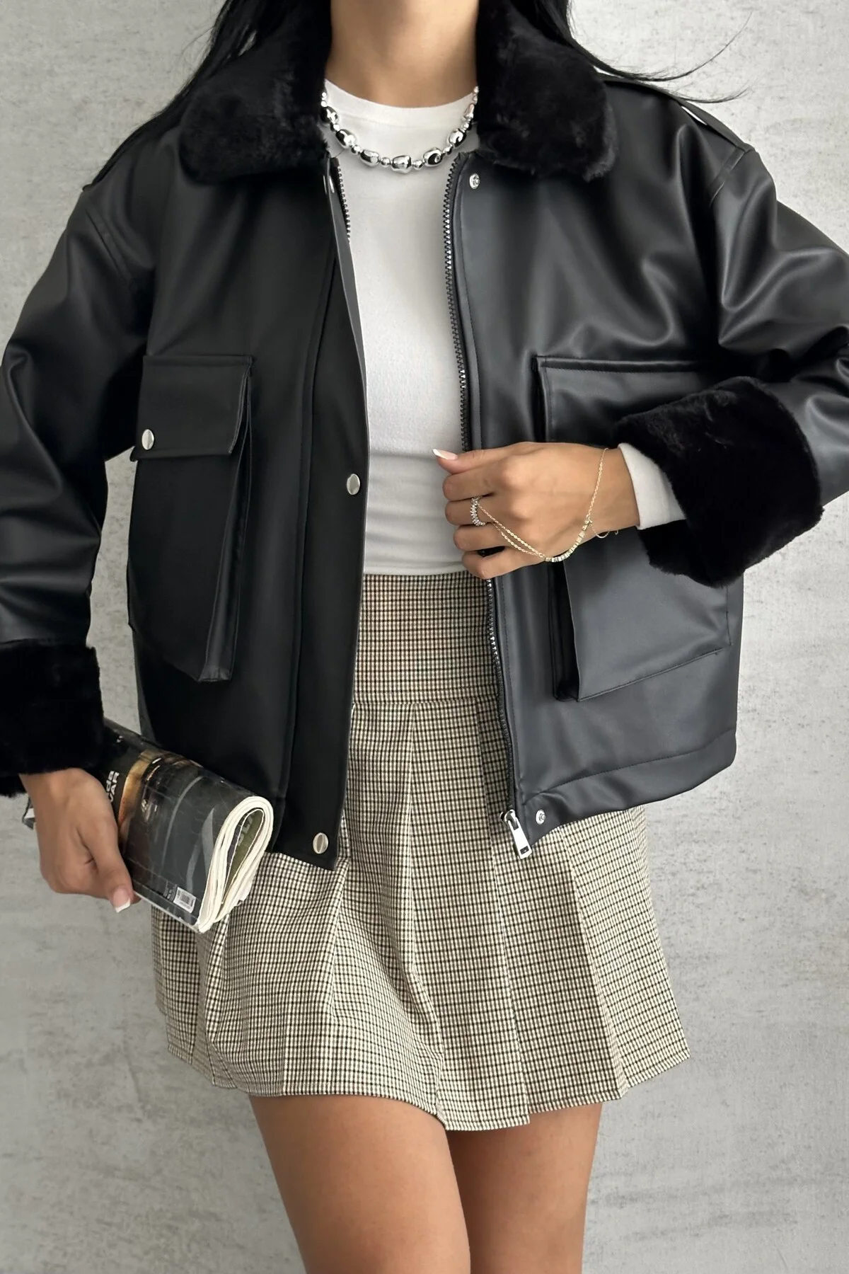 Kadın Suni Deri İçi Kürklü Oversize Bomber Ceket – Kışlık Peluş D
