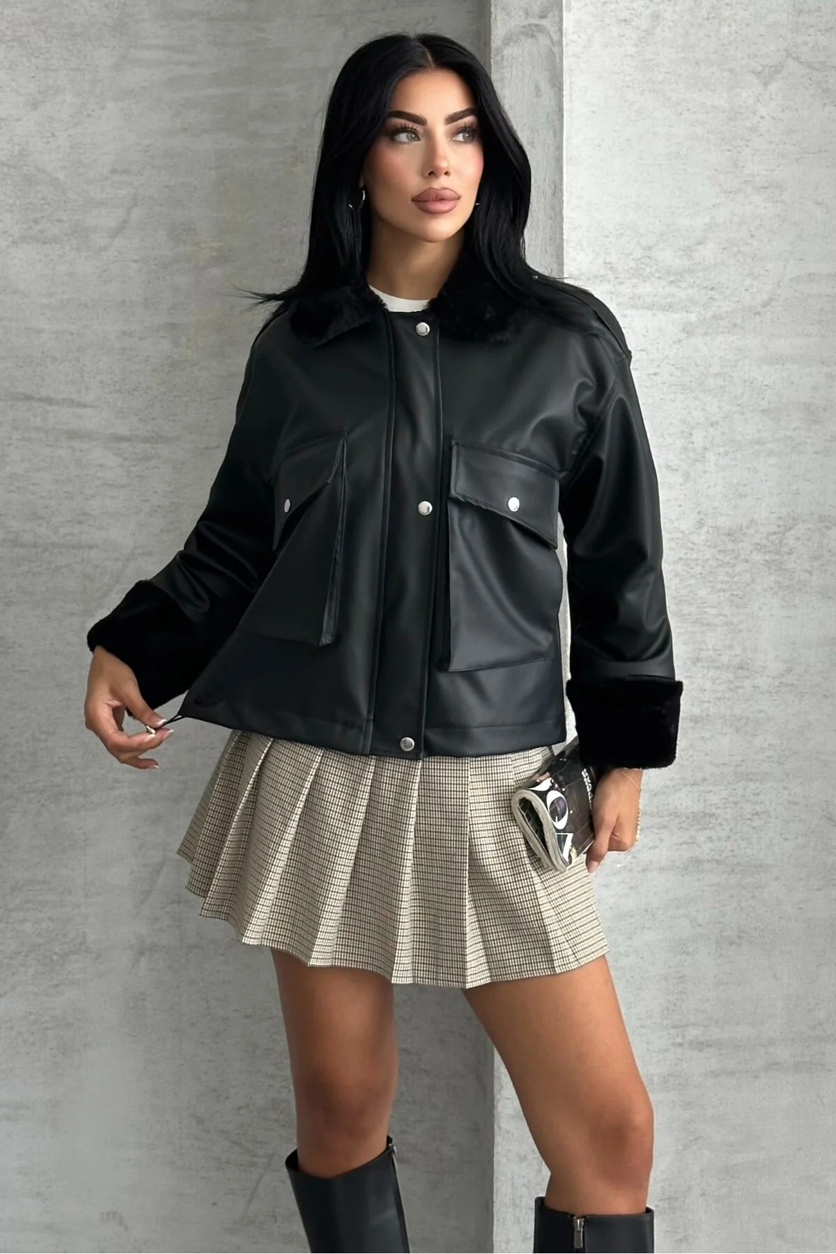 Kadın Suni Deri İçi Kürklü Oversize Bomber Ceket – Kışlık Peluş D