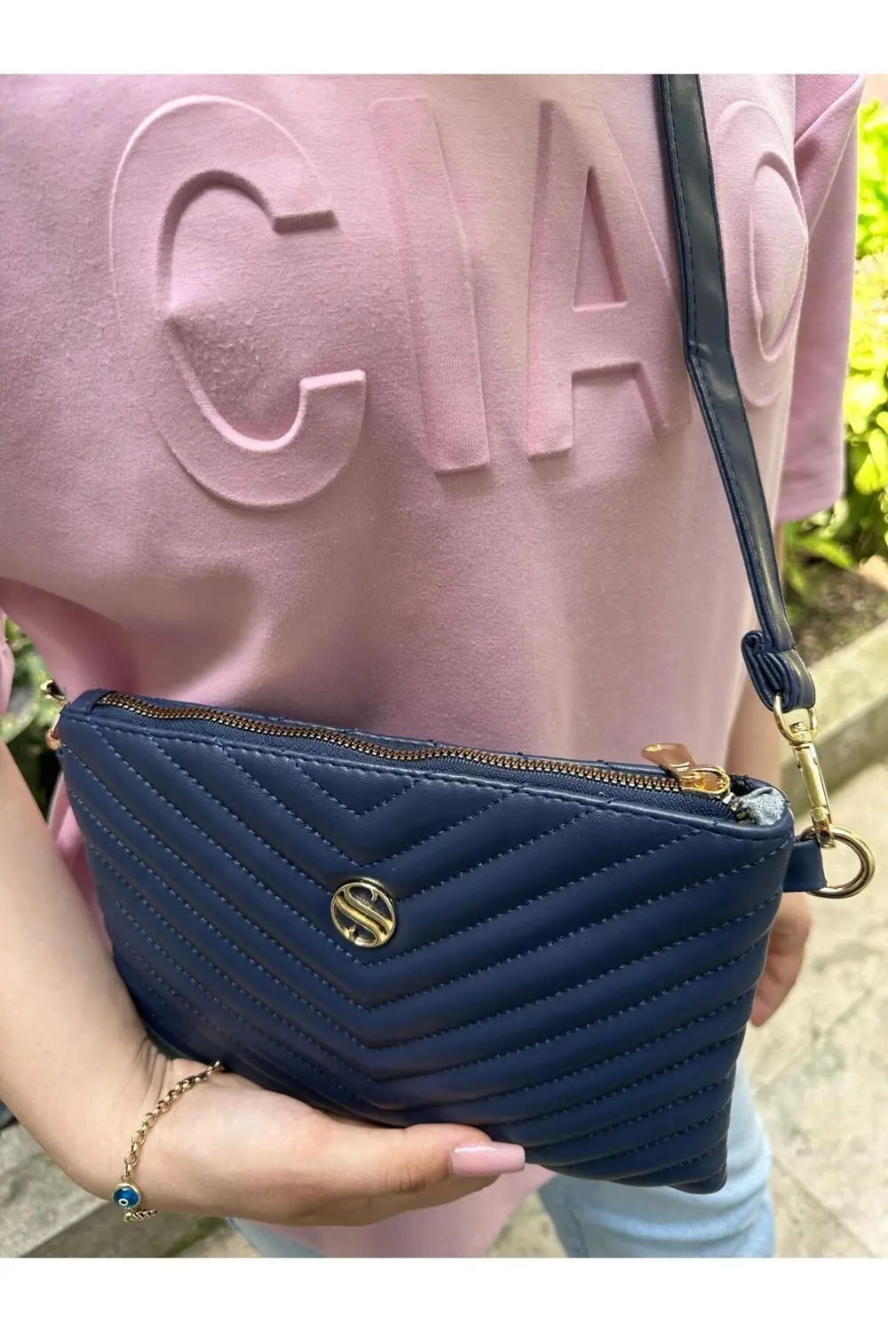 Kadın Suni Deri Lacivert Renkli Ayarlanabilir Çapraz Ve El Askılı