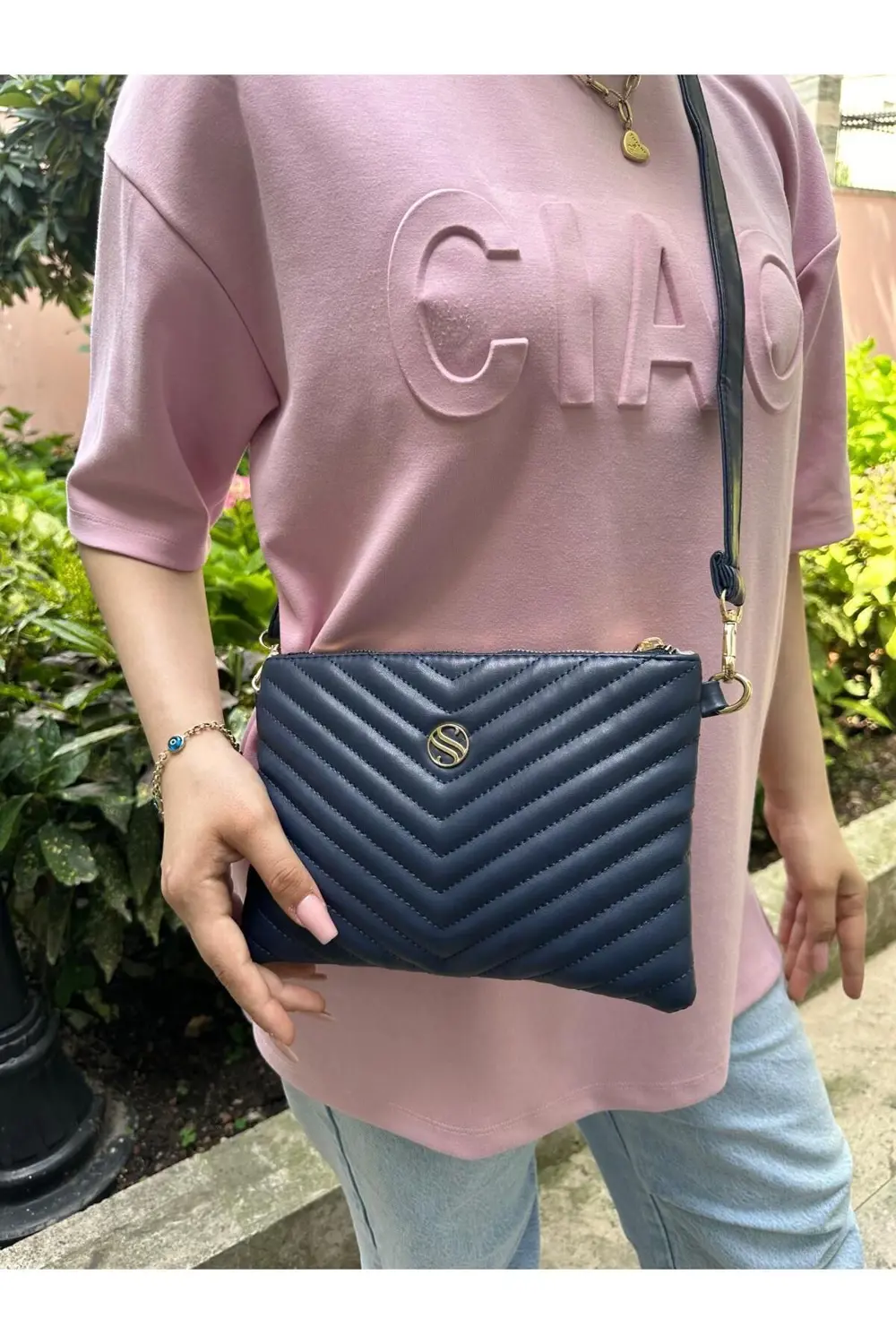 Kadın Suni Deri Lacivert Renkli Ayarlanabilir Çapraz Ve El Askılı