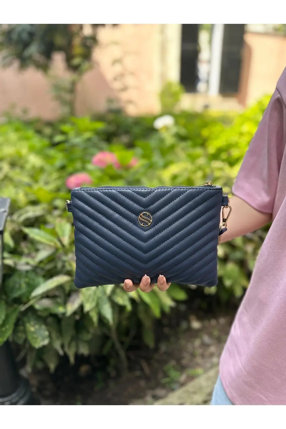 Kadın Suni Deri Lacivert Renkli Ayarlanabilir Çapraz Ve El Askılı